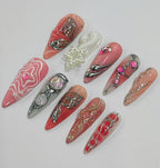 Handmade Pink Butterfly Press-On Nails | Coquette Chrome Pearl Stiletto Nails | Fairycore Luxury Nail Set