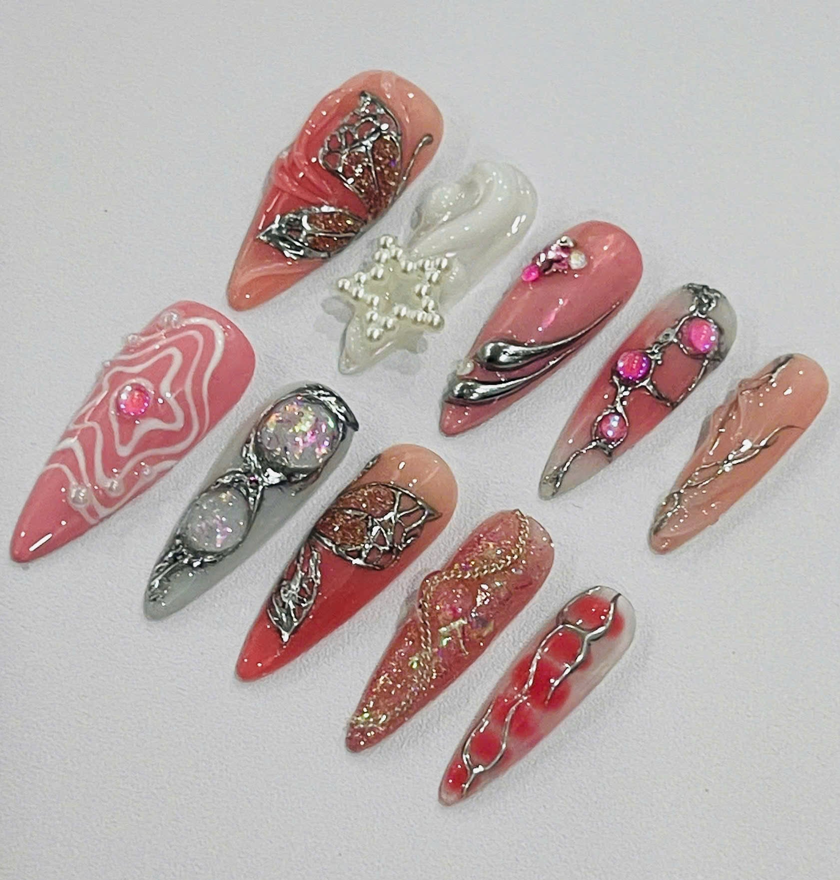 Handmade Pink Butterfly Press-On Nails | Coquette Chrome Pearl Stiletto Nails | Fairycore Luxury Nail Set