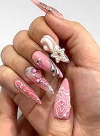 Handmade Pink Butterfly Press-On Nails | Coquette Chrome Pearl Stiletto Nails | Fairycore Luxury Nail Set