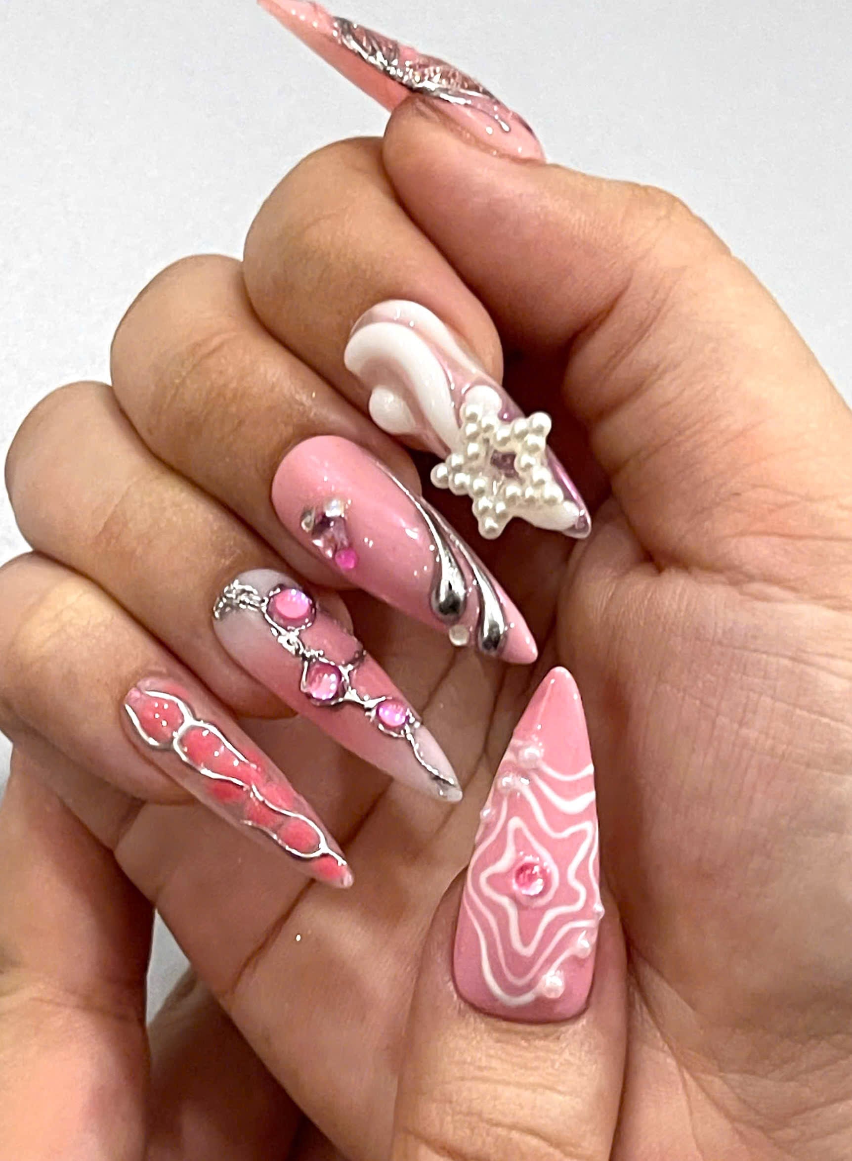 Handmade Pink Butterfly Press-On Nails | Coquette Chrome Pearl Stiletto Nails | Fairycore Luxury Nail Set
