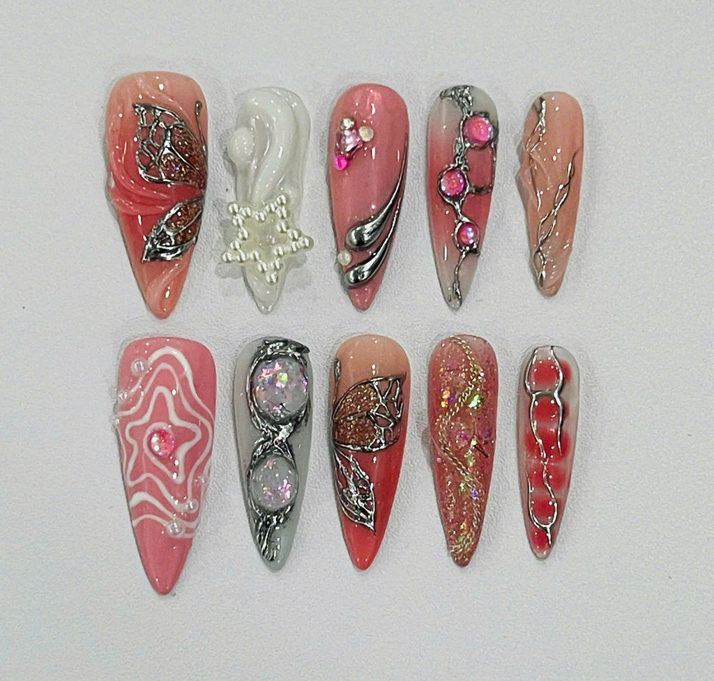 Handmade Pink Butterfly Press-On Nails | Coquette Chrome Pearl Stiletto Nails | Fairycore Luxury Nail Set