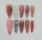 Handmade Pink Butterfly Press-On Nails | Coquette Chrome Pearl Stiletto Nails | Fairycore Luxury Nail Set