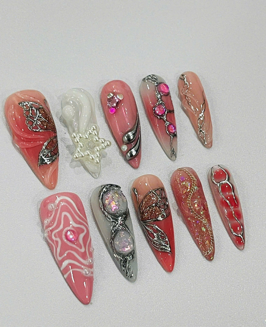 Handmade Pink Butterfly Press-On Nails | Coquette Chrome Pearl Stiletto Nails | Fairycore Luxury Nail Set