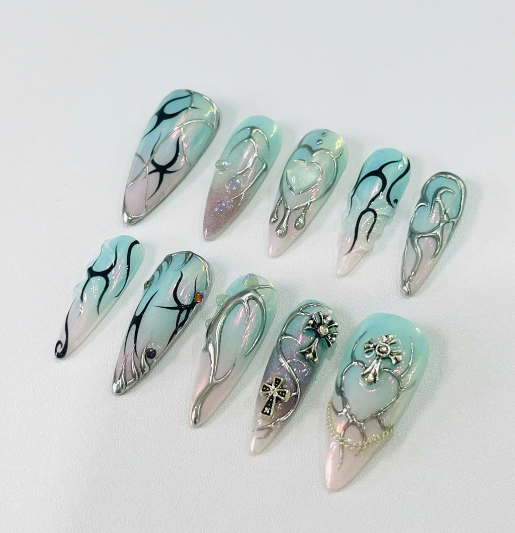 Handmade Mint Chrome Heart Press-On Nails | Cyber Fairy Y2K Stiletto Nails | Gothic Cross Nail Set