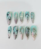 Handmade Mint Chrome Heart Press-On Nails | Cyber Fairy Y2K Stiletto Nails | Gothic Cross Nail Set