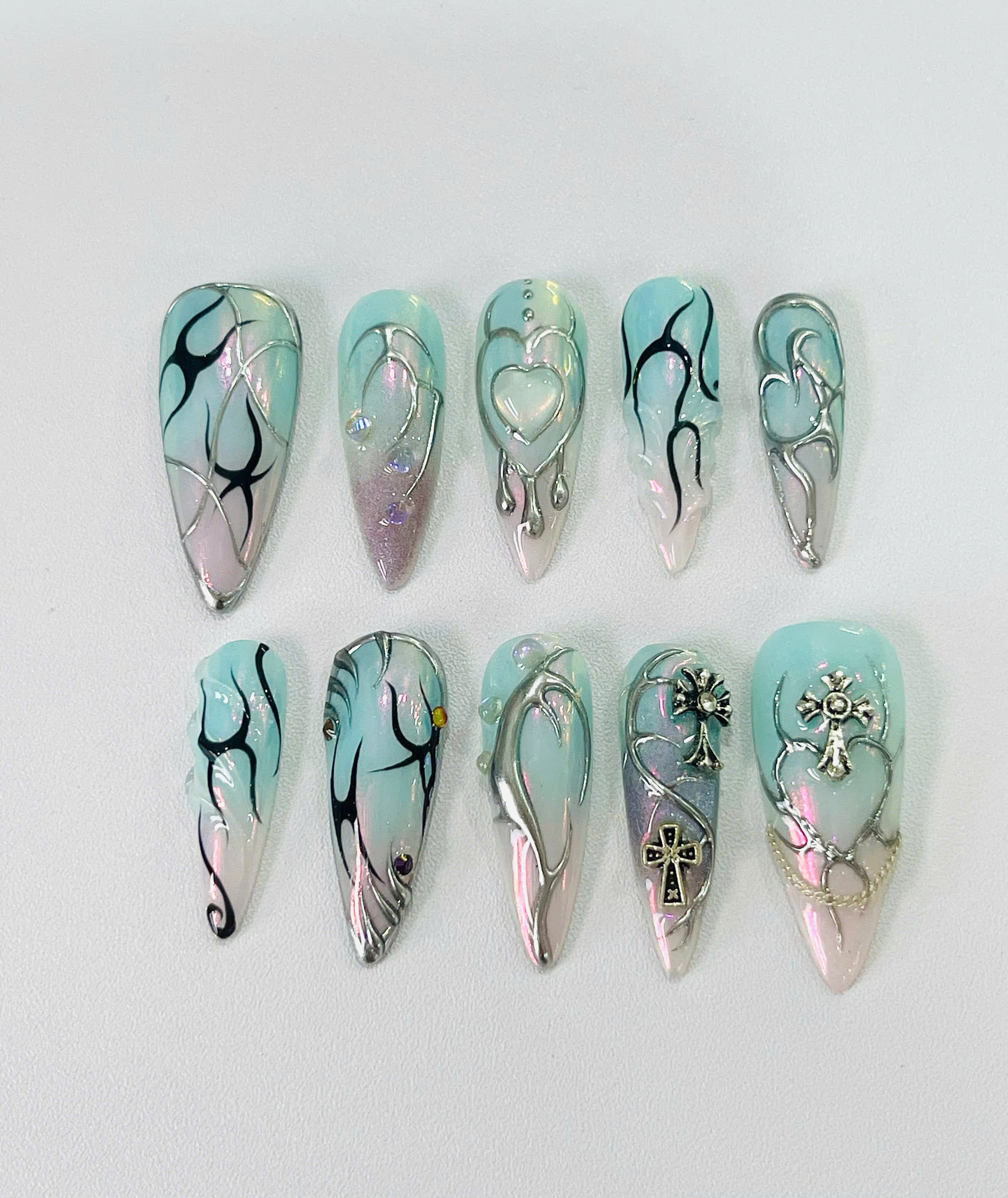 Handmade Mint Chrome Heart Press-On Nails | Cyber Fairy Y2K Stiletto Nails | Gothic Cross Nail Set