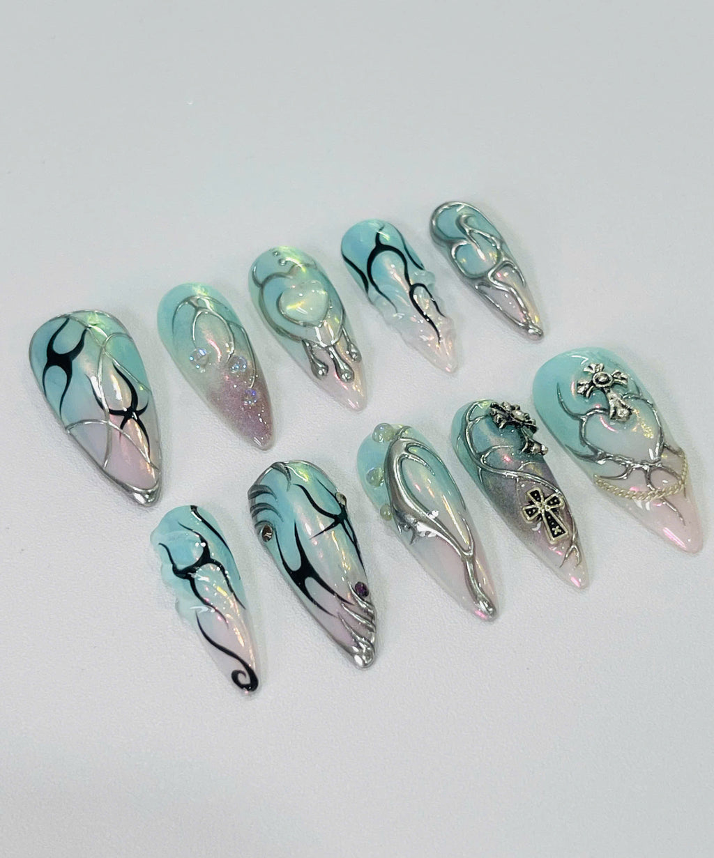 Handmade Mint Chrome Heart Press-On Nails | Cyber Fairy Y2K Stiletto Nails | Gothic Cross Nail Set