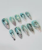 Handmade Mint Chrome Heart Press-On Nails | Cyber Fairy Y2K Stiletto Nails | Gothic Cross Nail Set