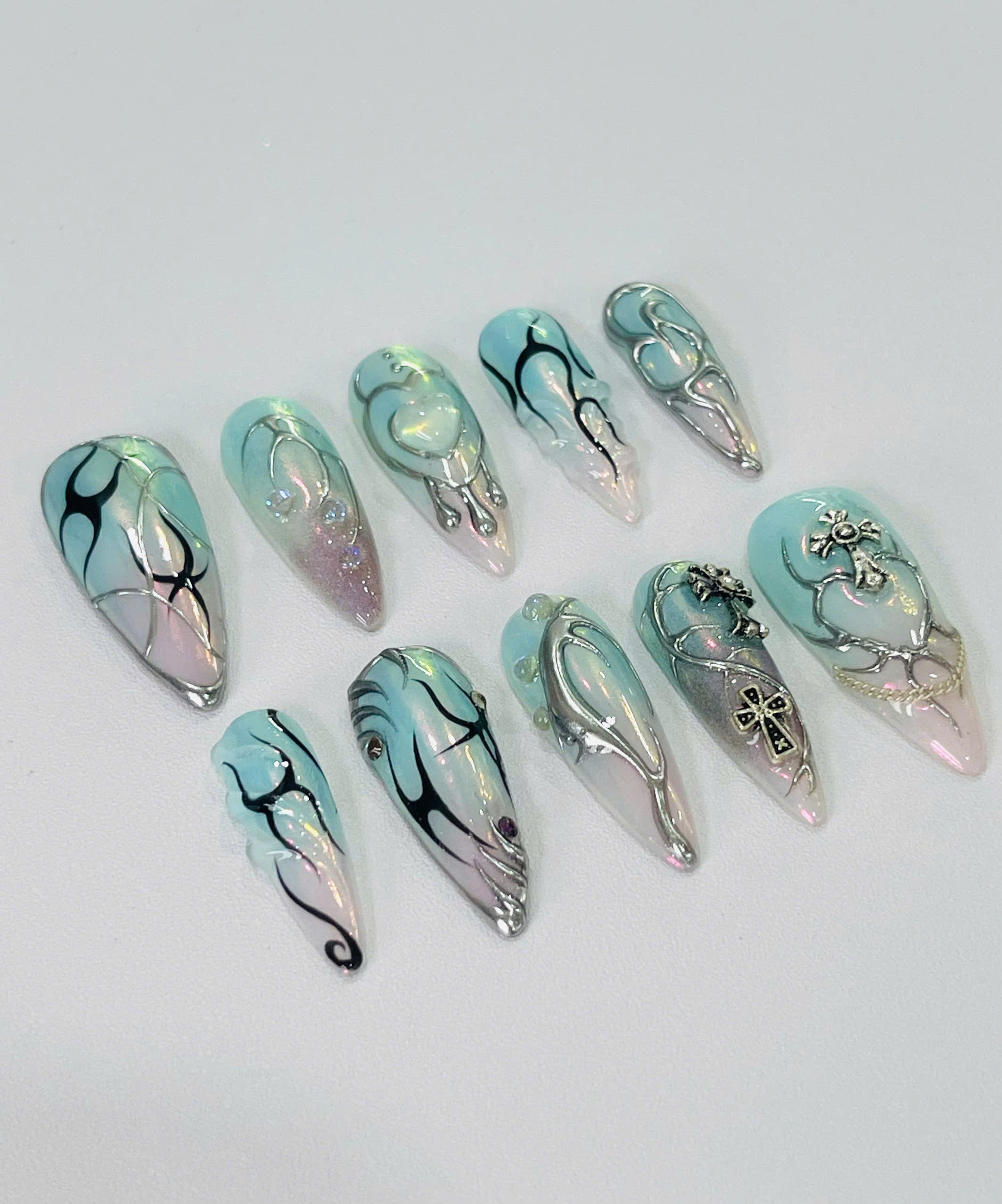 Handmade Mint Chrome Heart Press-On Nails | Cyber Fairy Y2K Stiletto Nails | Gothic Cross Nail Set