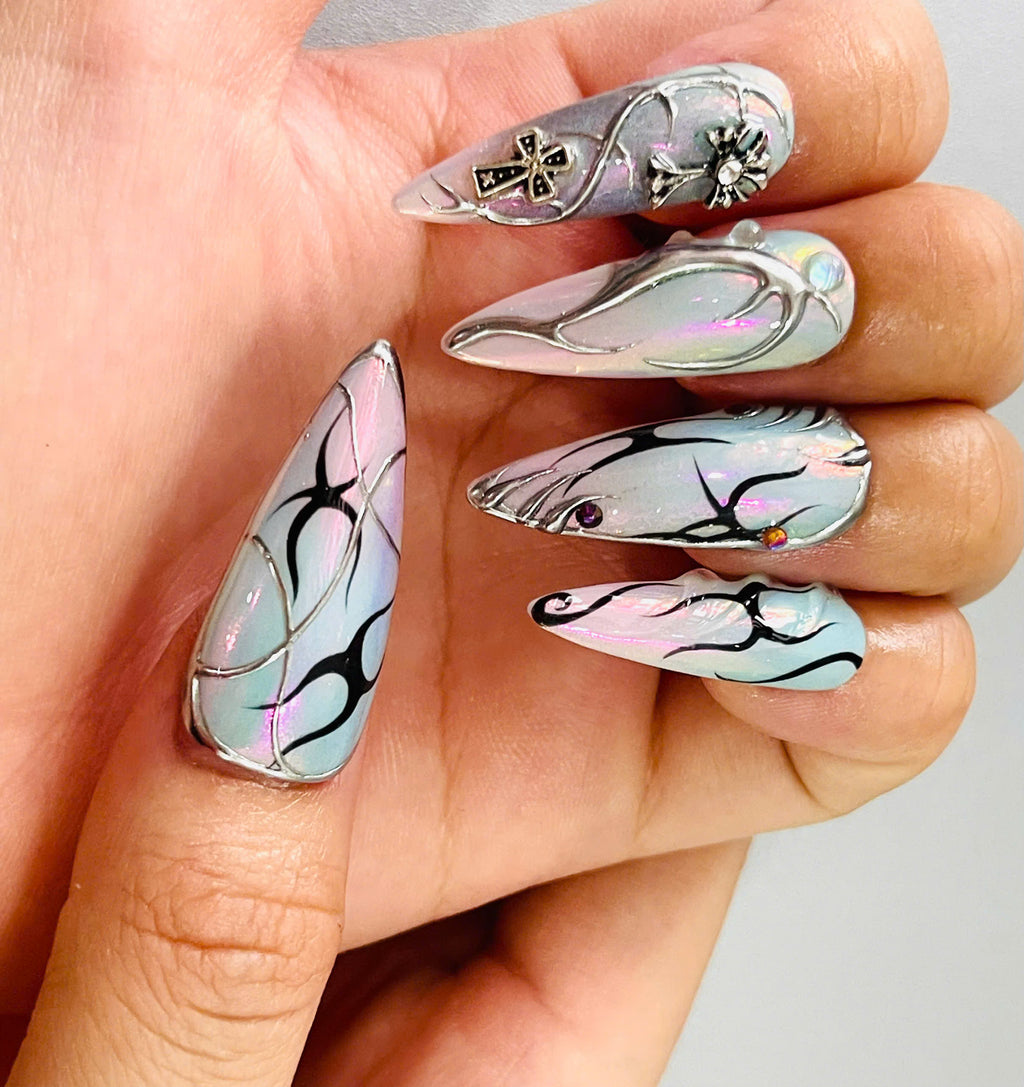 Handmade Mint Chrome Heart Press-On Nails | Cyber Fairy Y2K Stiletto Nails | Gothic Cross Nail Set