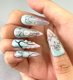Handmade Mint Chrome Heart Press-On Nails | Cyber Fairy Y2K Stiletto Nails | Gothic Cross Nail Set