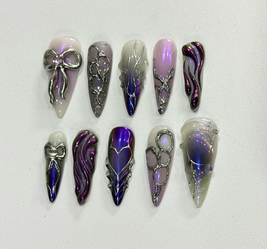 Handmade Purple Chrome Press-On Nails | Cyber Gothic Aura Heart Stiletto Nails | Y2K Luxury Nail Set