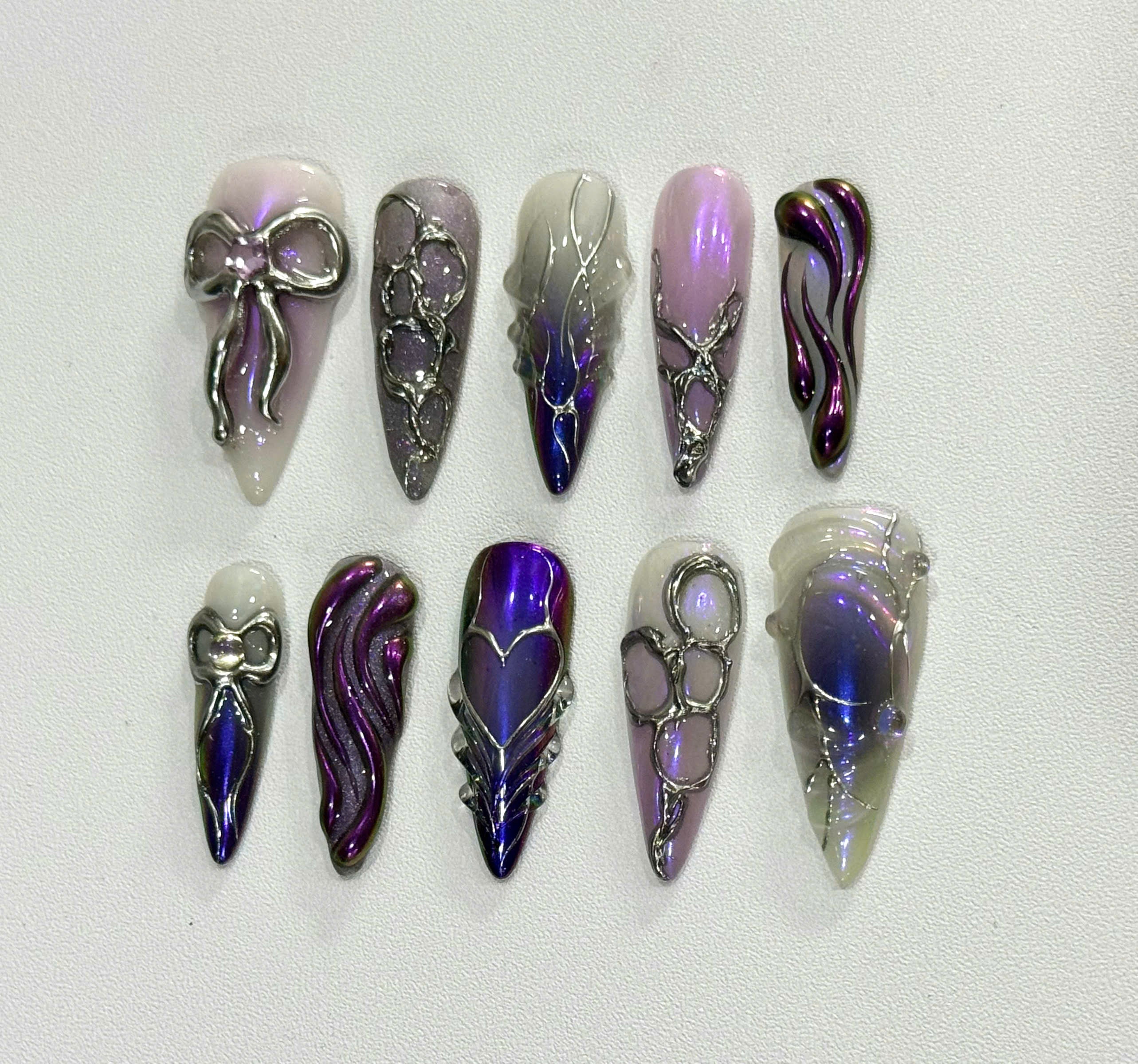 Handmade Purple Chrome Press-On Nails | Cyber Gothic Aura Heart Stiletto Nails | Y2K Luxury Nail Set