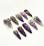Handmade Purple Chrome Press-On Nails | Cyber Gothic Aura Heart Stiletto Nails | Y2K Luxury Nail Set