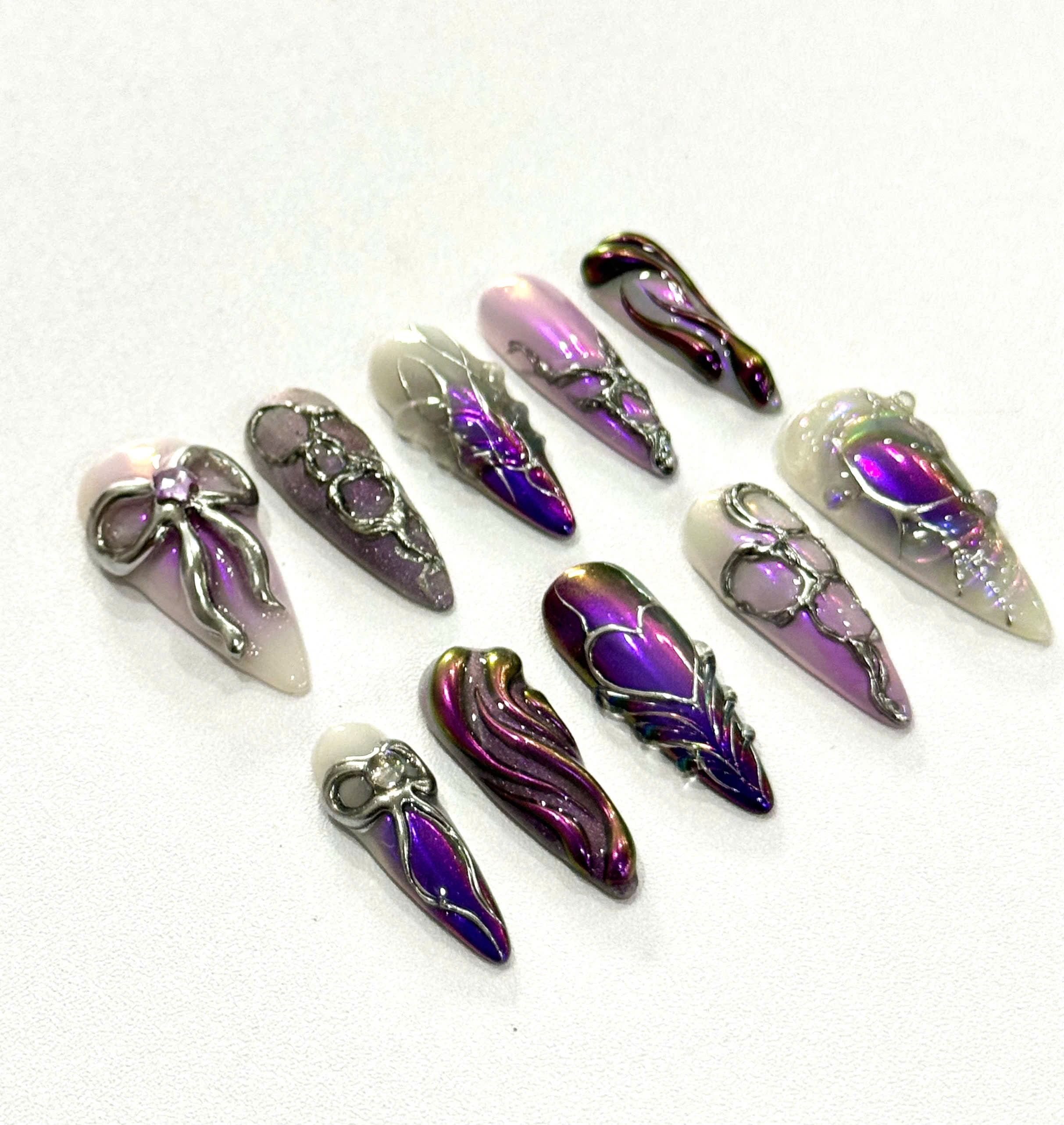 Handmade Purple Chrome Press-On Nails | Cyber Gothic Aura Heart Stiletto Nails | Y2K Luxury Nail Set