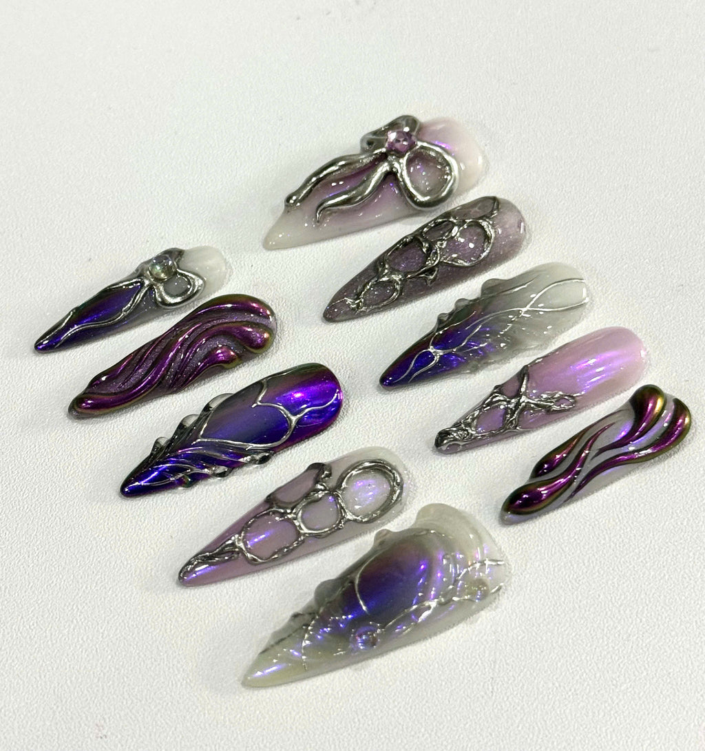 Handmade Purple Chrome Press-On Nails | Cyber Gothic Aura Heart Stiletto Nails | Y2K Luxury Nail Set