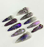 Handmade Purple Chrome Press-On Nails | Cyber Gothic Aura Heart Stiletto Nails | Y2K Luxury Nail Set