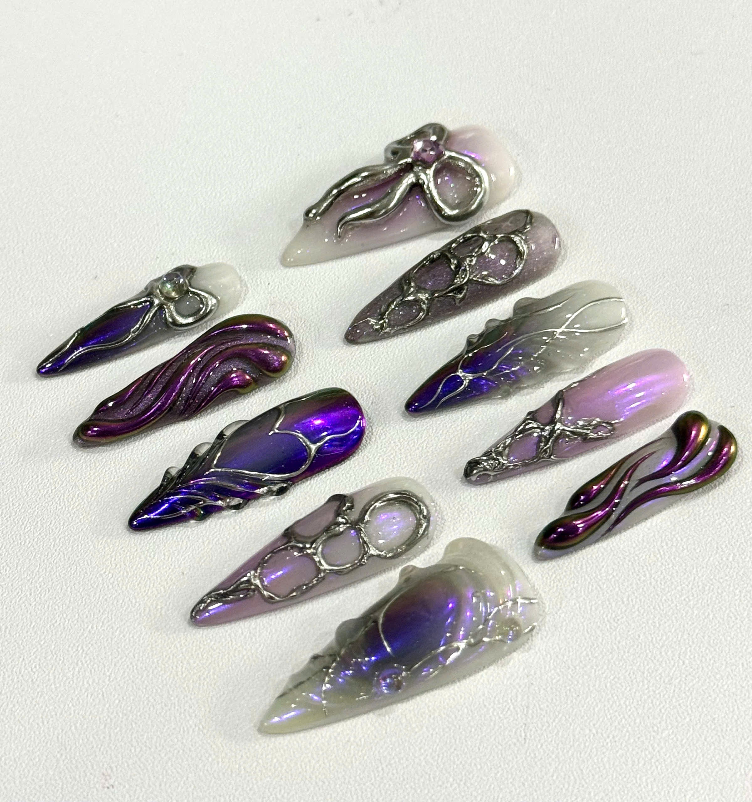 Handmade Purple Chrome Press-On Nails | Cyber Gothic Aura Heart Stiletto Nails | Y2K Luxury Nail Set