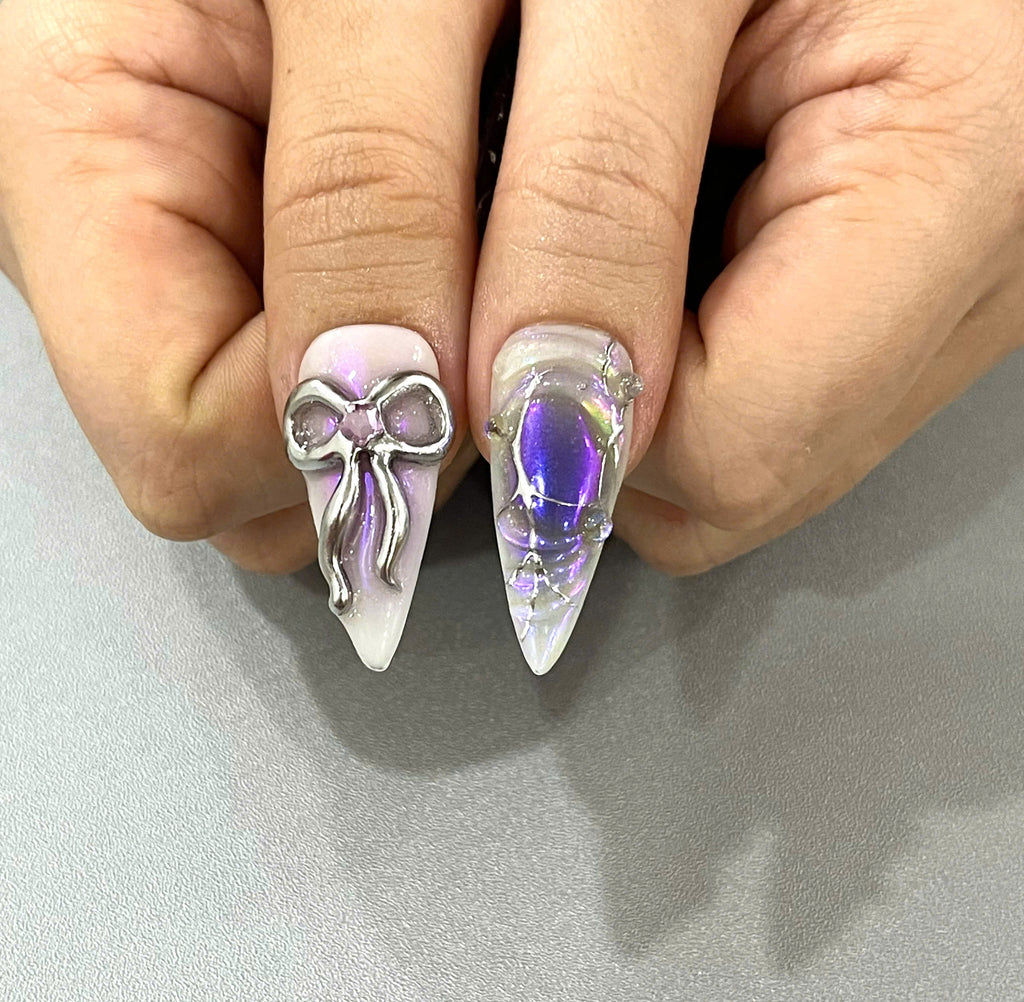 Handmade Purple Chrome Press-On Nails | Cyber Gothic Aura Heart Stiletto Nails | Y2K Luxury Nail Set