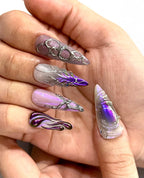 Handmade Purple Chrome Press-On Nails | Cyber Gothic Aura Heart Stiletto Nails | Y2K Luxury Nail Set