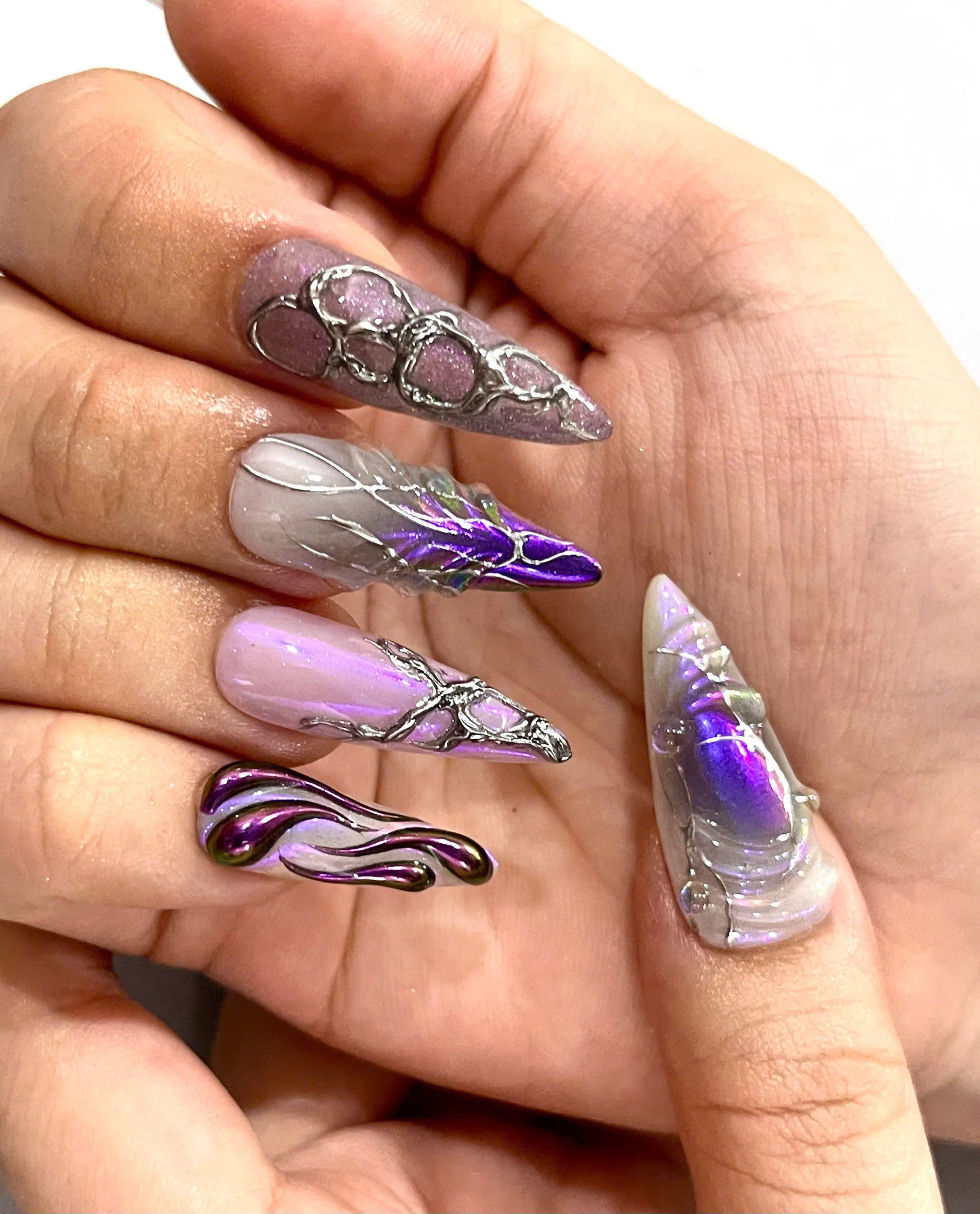 Handmade Purple Chrome Press-On Nails | Cyber Gothic Aura Heart Stiletto Nails | Y2K Luxury Nail Set