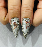 Handmade Vintage Angel Press-On Nails | Silver Chrome Gothic Cross Stiletto Nails | Baroque Luxury Nail Set
