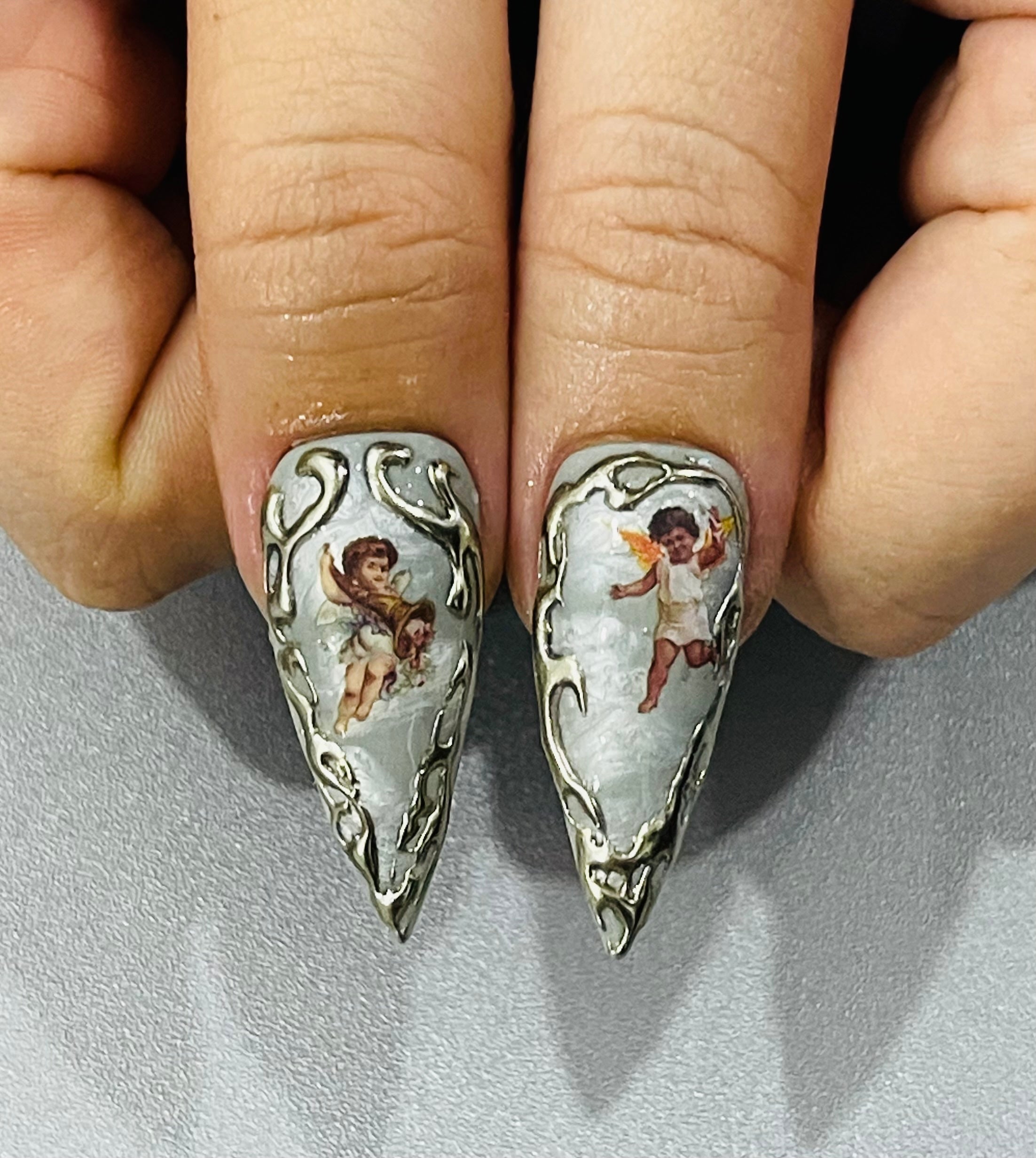 Handmade Vintage Angel Press-On Nails | Silver Chrome Gothic Cross Stiletto Nails | Baroque Luxury Nail Set