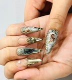 Handmade Vintage Angel Press-On Nails | Silver Chrome Gothic Cross Stiletto Nails | Baroque Luxury Nail Set