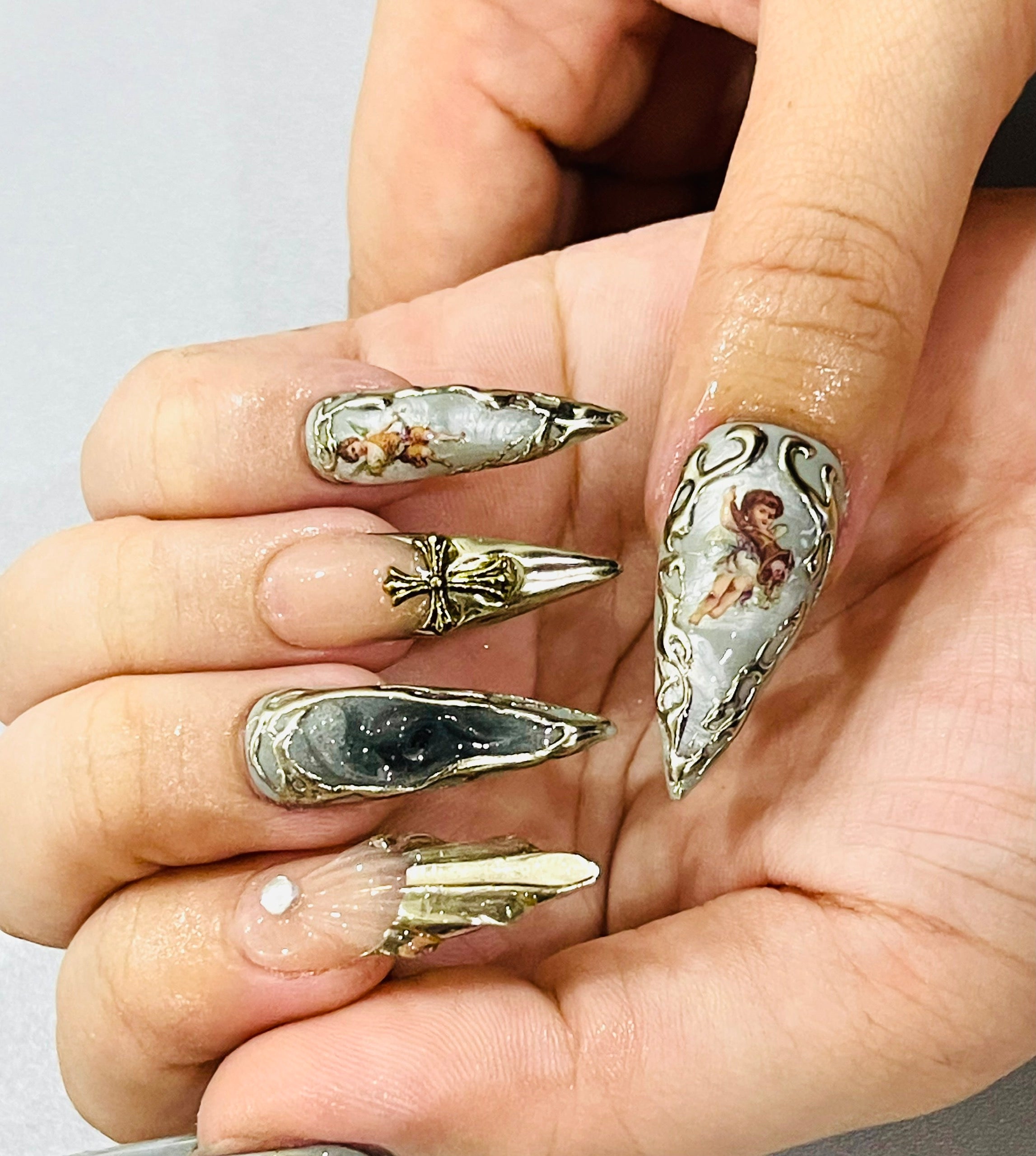 Handmade Vintage Angel Press-On Nails | Silver Chrome Gothic Cross Stiletto Nails | Baroque Luxury Nail Set