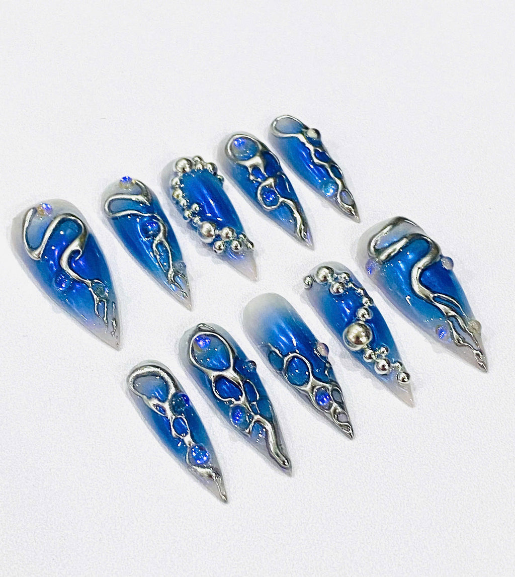 Handmade Ocean Blue Chrome Press-On Nails | Mermaid Bubble Stiletto Nails | 3D Aura Nail Set