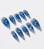 Handmade Ocean Blue Chrome Press-On Nails | Mermaid Bubble Stiletto Nails | 3D Aura Nail Set