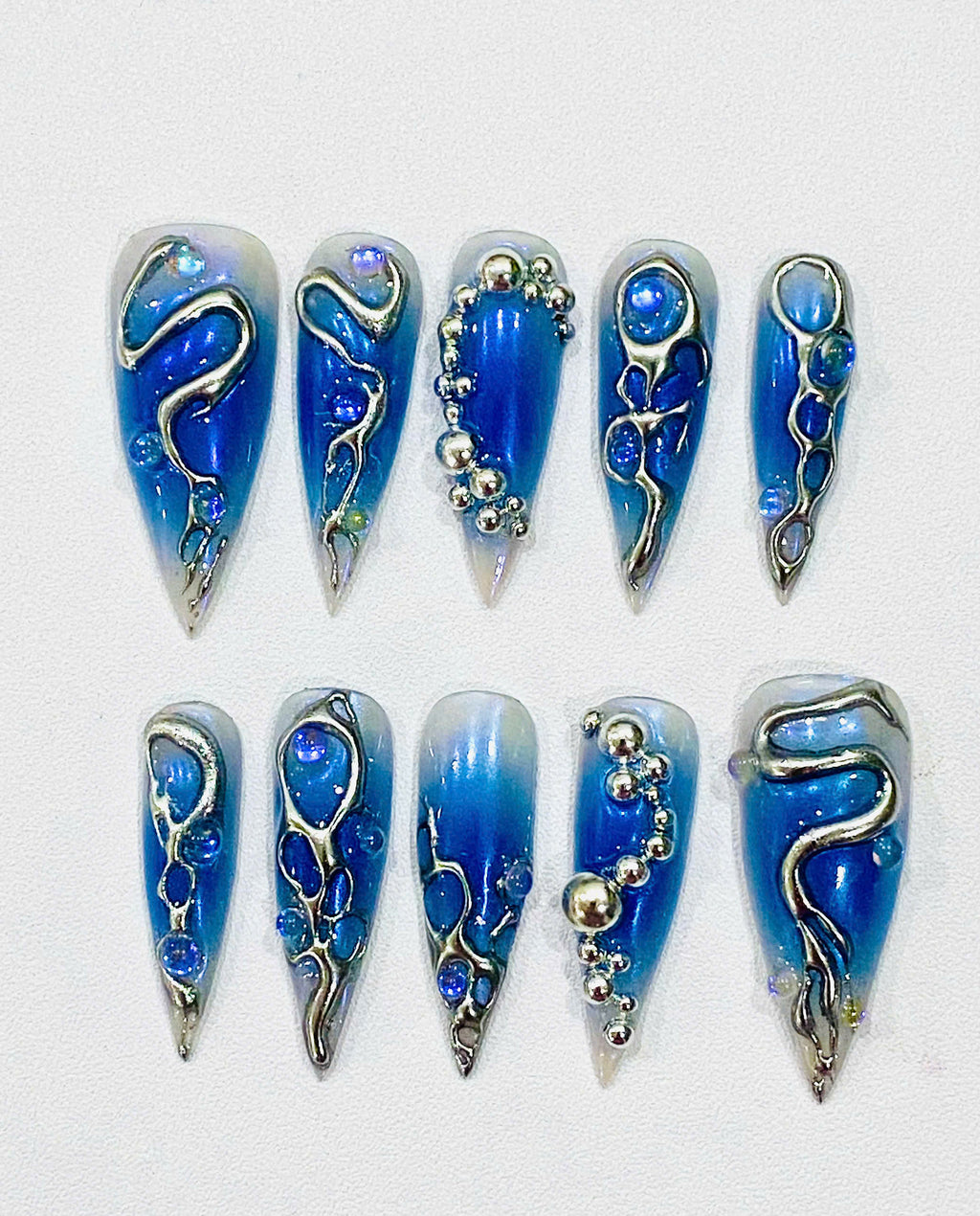 Handmade Ocean Blue Chrome Press-On Nails | Mermaid Bubble Stiletto Nails | 3D Aura Nail Set