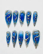 Handmade Ocean Blue Chrome Press-On Nails | Mermaid Bubble Stiletto Nails | 3D Aura Nail Set