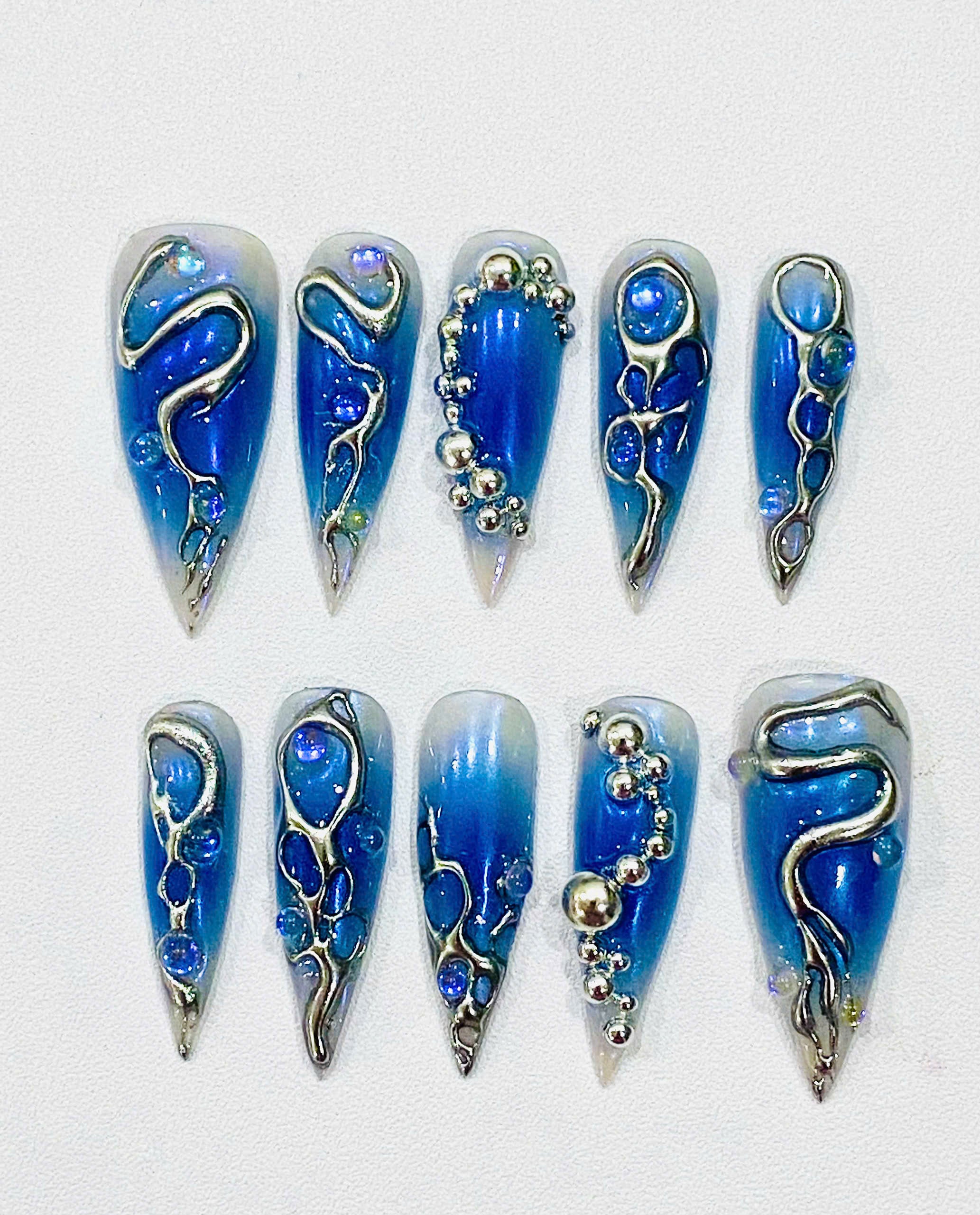 Handmade Ocean Blue Chrome Press-On Nails | Mermaid Bubble Stiletto Nails | 3D Aura Nail Set