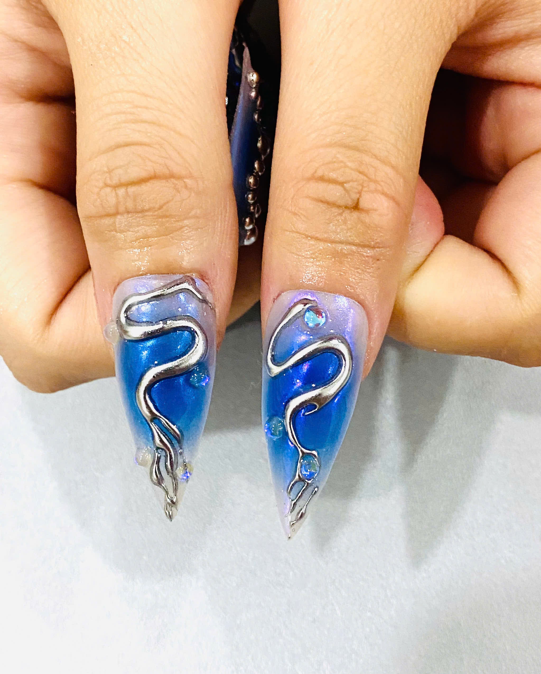 Handmade Ocean Blue Chrome Press-On Nails | Mermaid Bubble Stiletto Nails | 3D Aura Nail Set