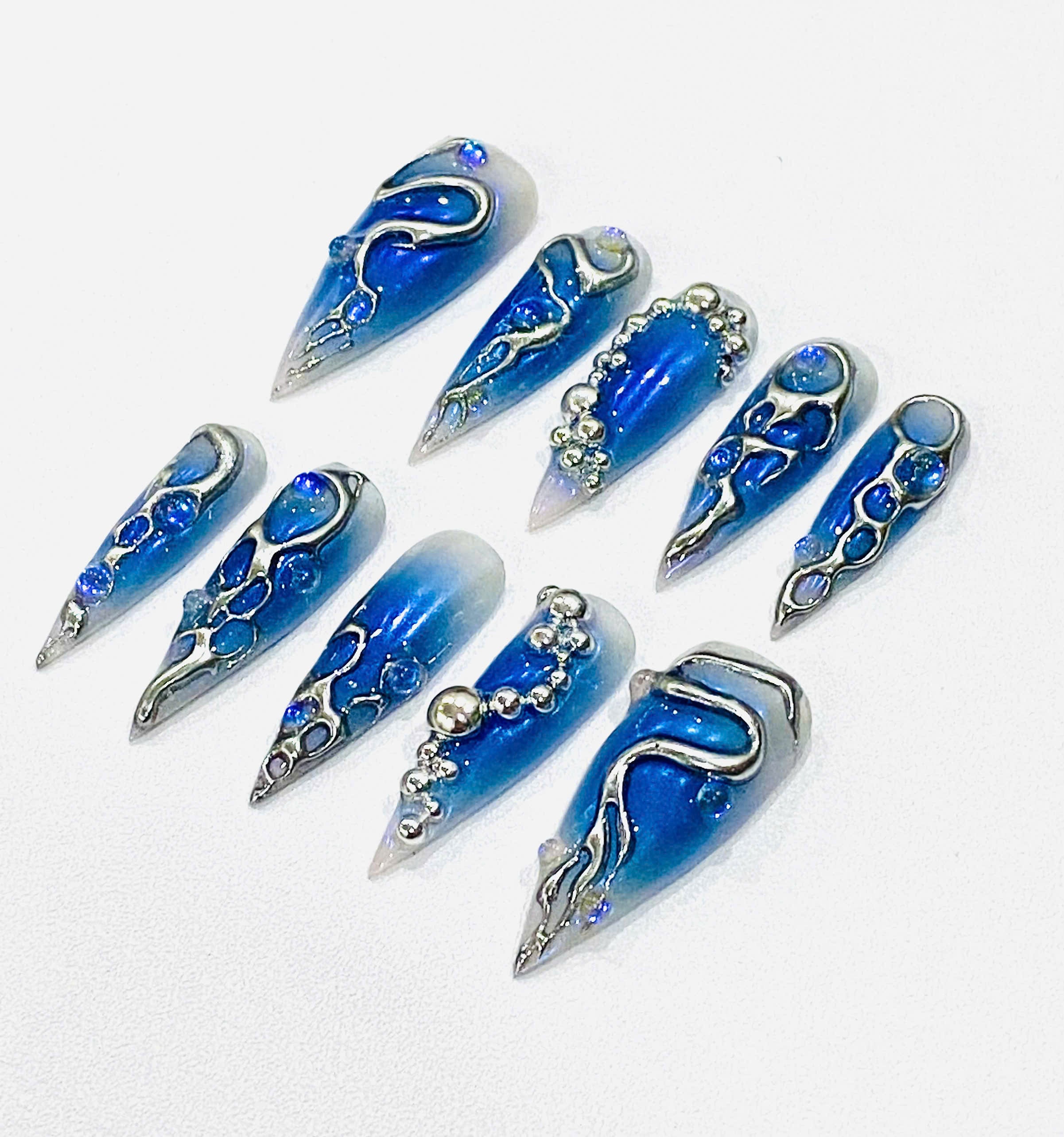 Handmade Ocean Blue Chrome Press-On Nails | Mermaid Bubble Stiletto Nails | 3D Aura Nail Set