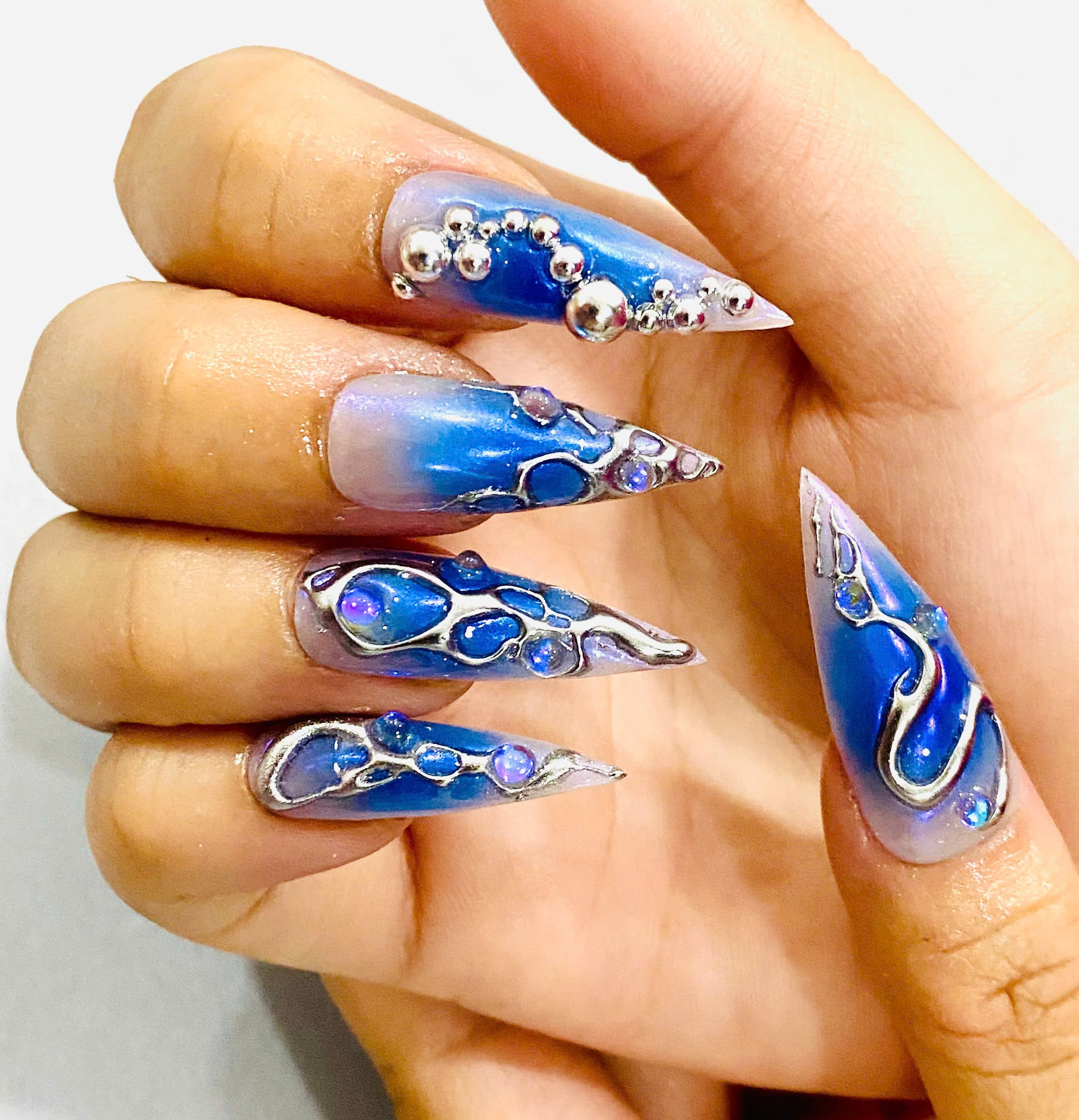 Handmade Ocean Blue Chrome Press-On Nails | Mermaid Bubble Stiletto Nails | 3D Aura Nail Set