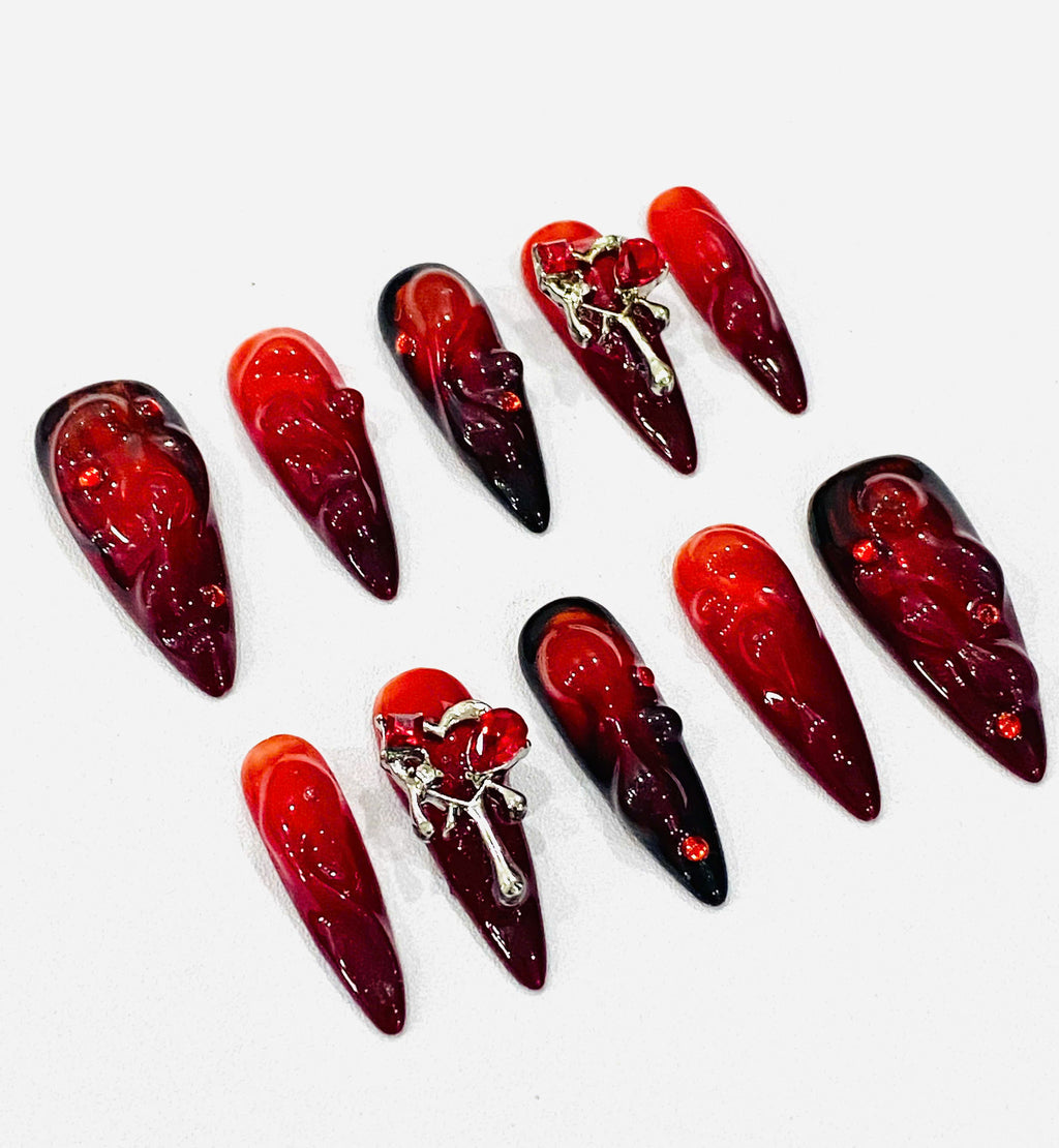 Handmade Dark Romance Press-On Nails | Blood Red Ombre Heart Stiletto Nails | Gothic Valentine Nail Set