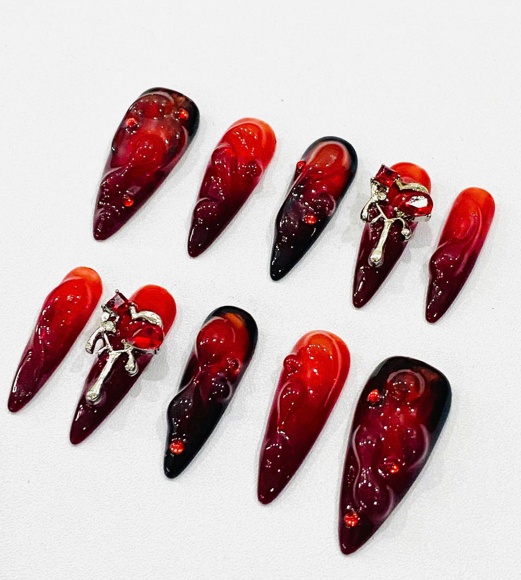 Handmade Dark Romance Press-On Nails | Blood Red Ombre Heart Stiletto Nails | Gothic Valentine Nail Set