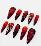 Handmade Dark Romance Press-On Nails | Blood Red Ombre Heart Stiletto Nails | Gothic Valentine Nail Set