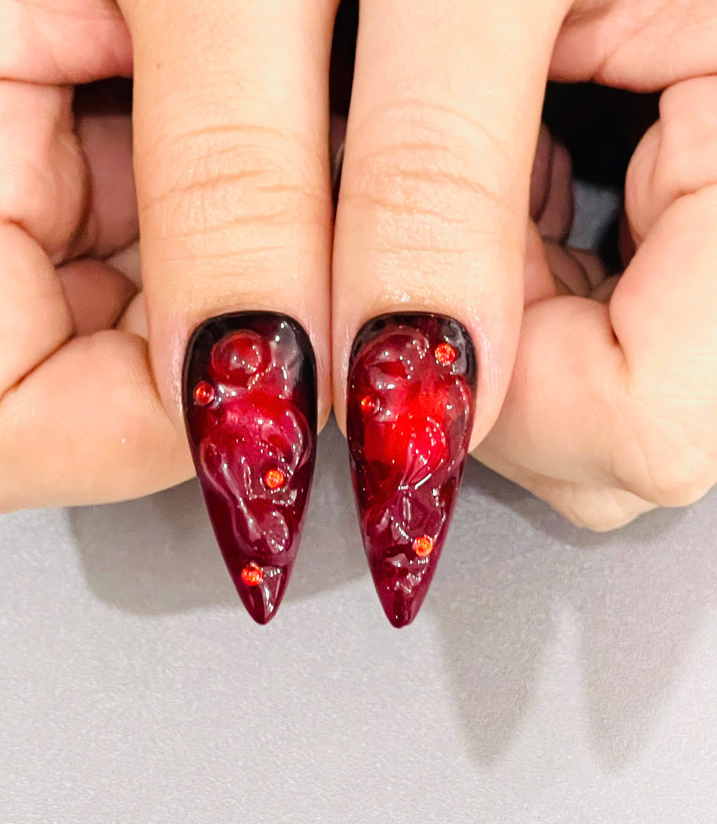 Handmade Dark Romance Press-On Nails | Blood Red Ombre Heart Stiletto Nails | Gothic Valentine Nail Set