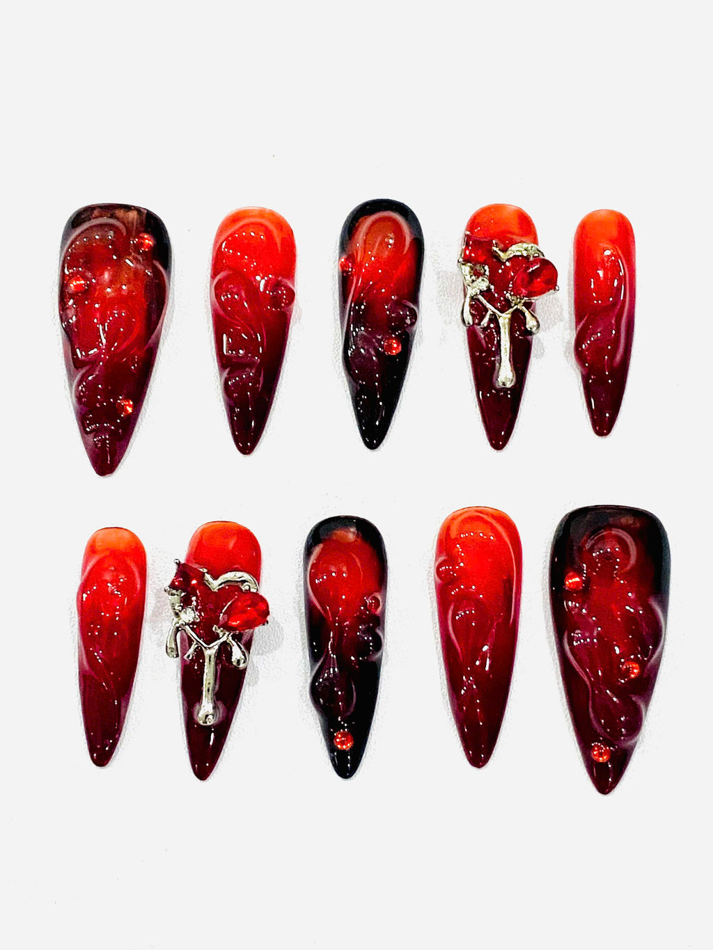 Handmade Dark Romance Press-On Nails | Blood Red Ombre Heart Stiletto Nails | Gothic Valentine Nail Set