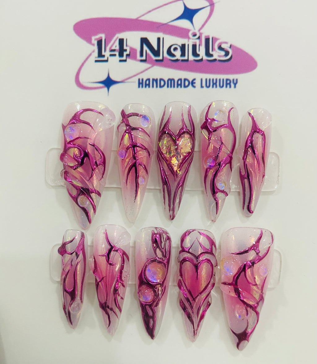 Handmade Pink Chrome Heart Press-On Nails | Cyber Y2K Aura Stiletto Nails | Fairycore Luxury Nail Set