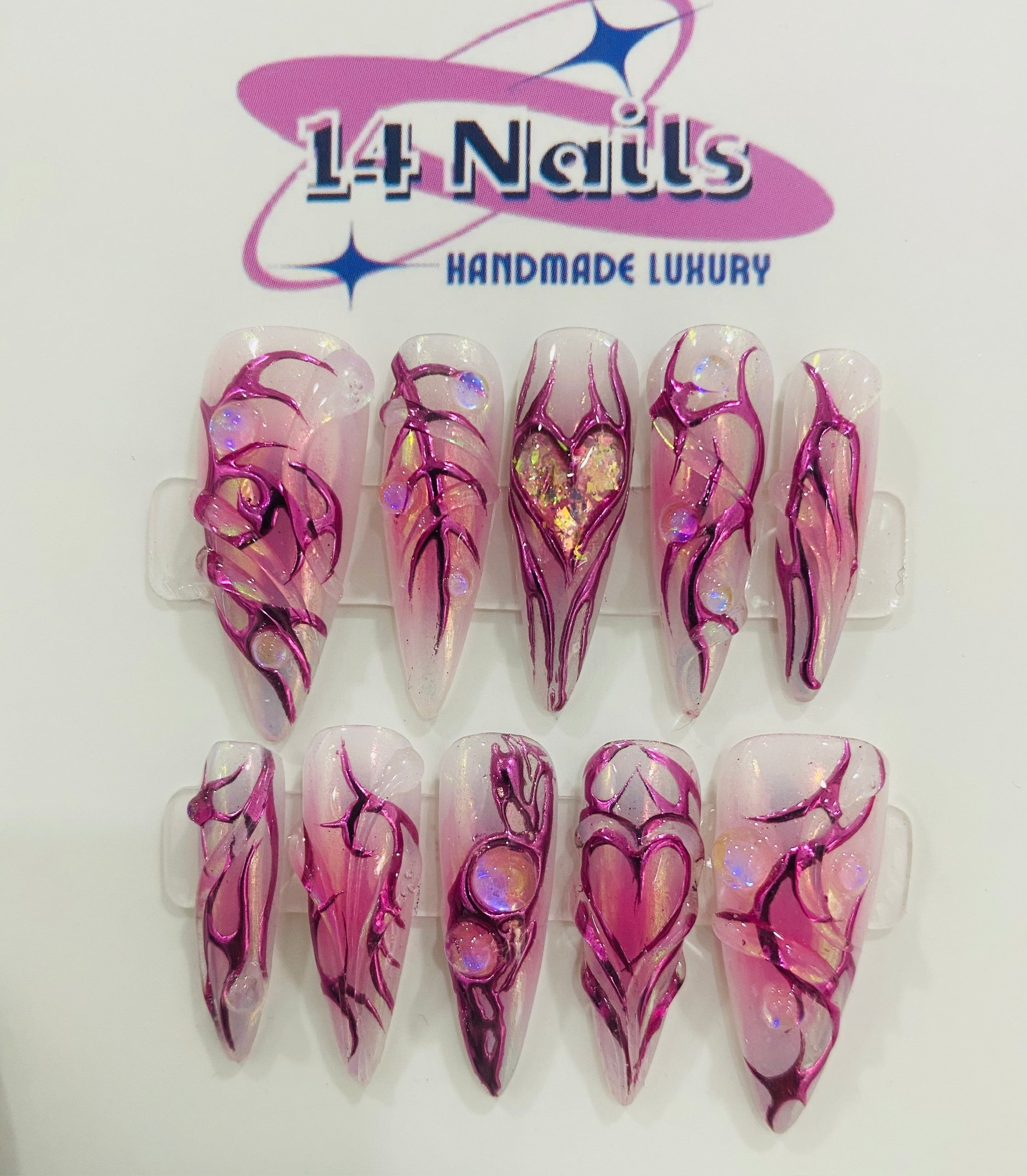 Handmade Pink Chrome Heart Press-On Nails | Cyber Y2K Aura Stiletto Nails | Fairycore Luxury Nail Set