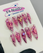 Handmade Pink Chrome Heart Press-On Nails | Cyber Y2K Aura Stiletto Nails | Fairycore Luxury Nail Set
