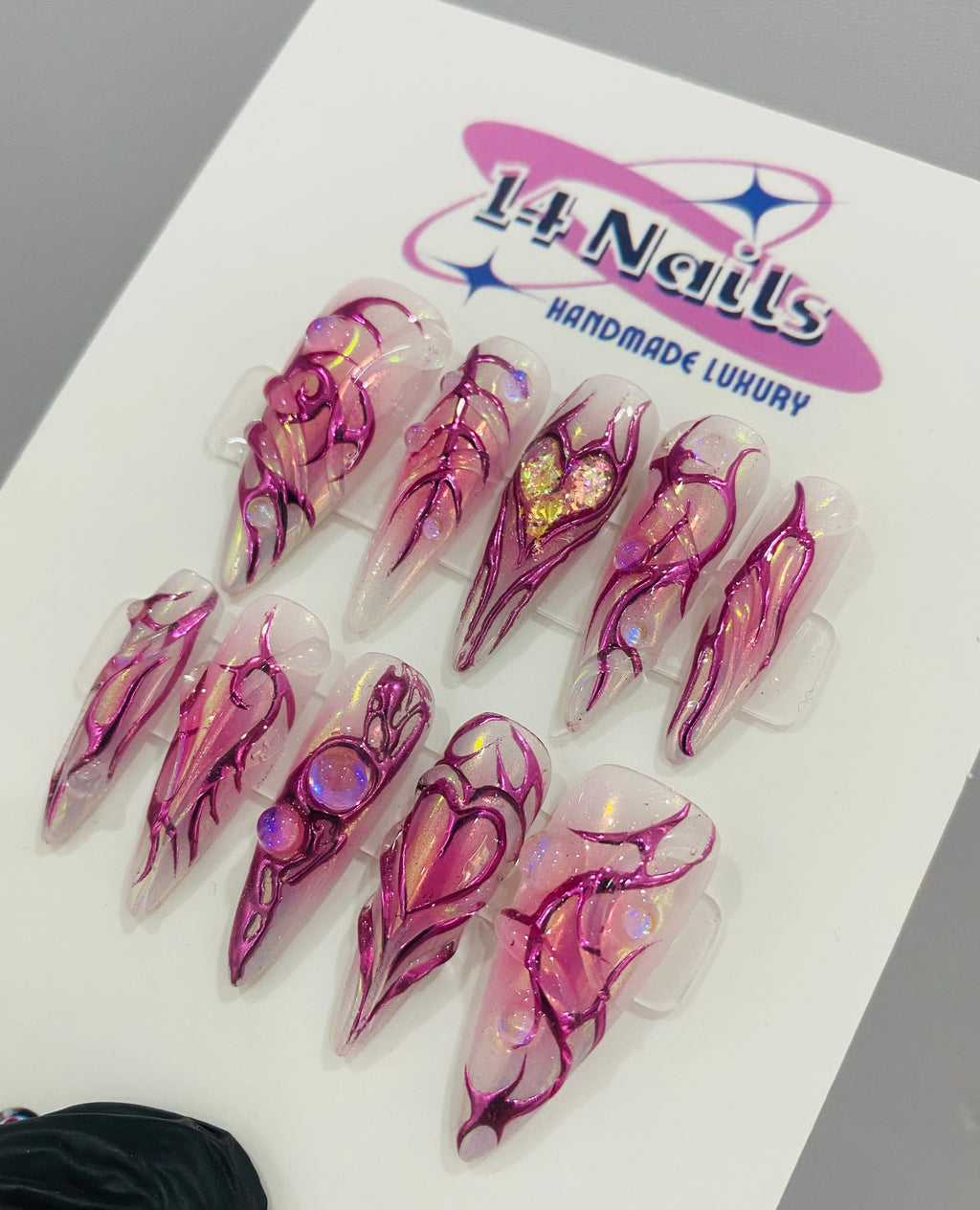 Handmade Pink Chrome Heart Press-On Nails | Cyber Y2K Aura Stiletto Nails | Fairycore Luxury Nail Set