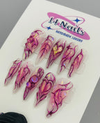 Handmade Pink Chrome Heart Press-On Nails | Cyber Y2K Aura Stiletto Nails | Fairycore Luxury Nail Set