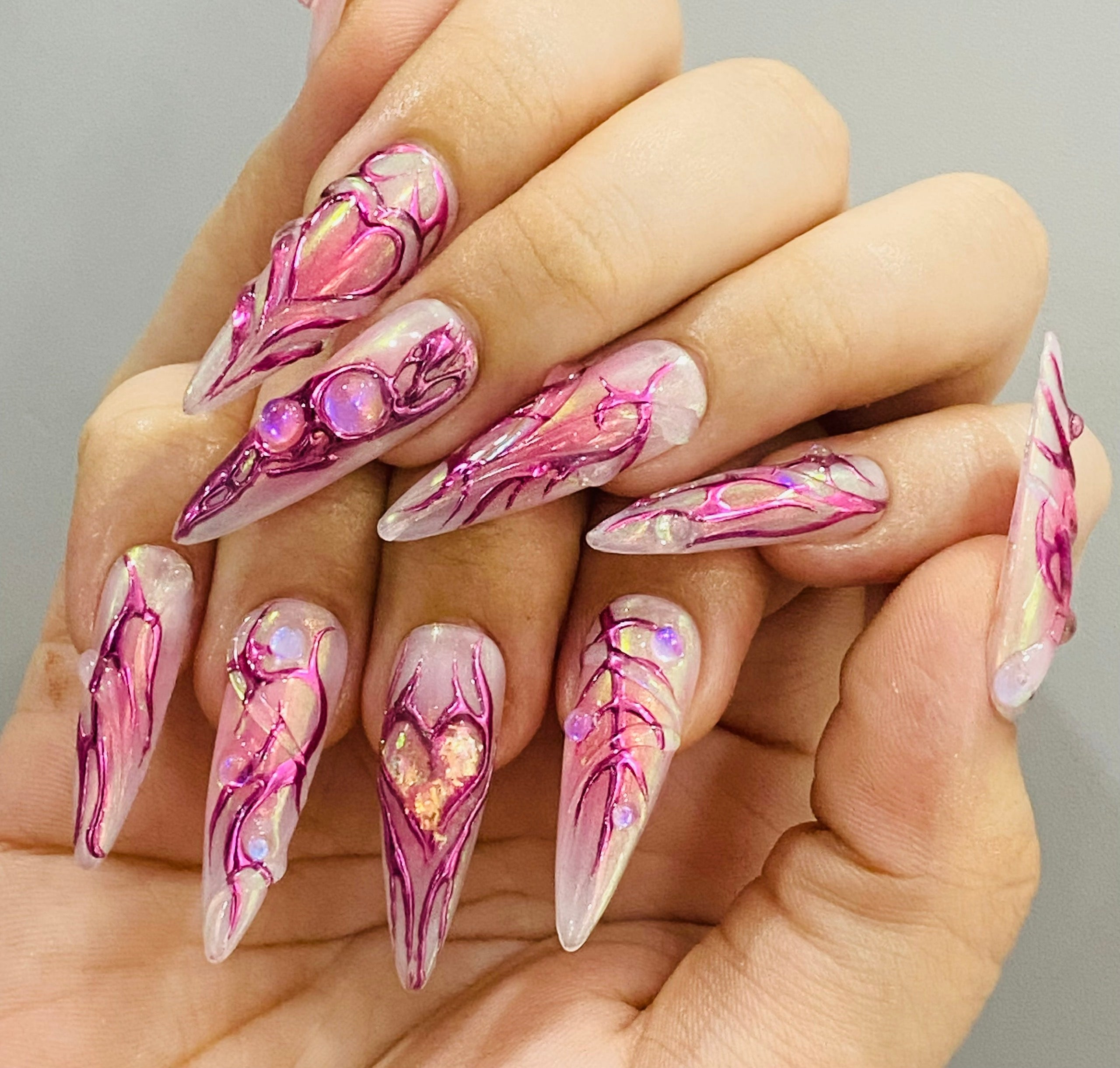 Handmade Pink Chrome Heart Press-On Nails | Cyber Y2K Aura Stiletto Nails | Fairycore Luxury Nail Set