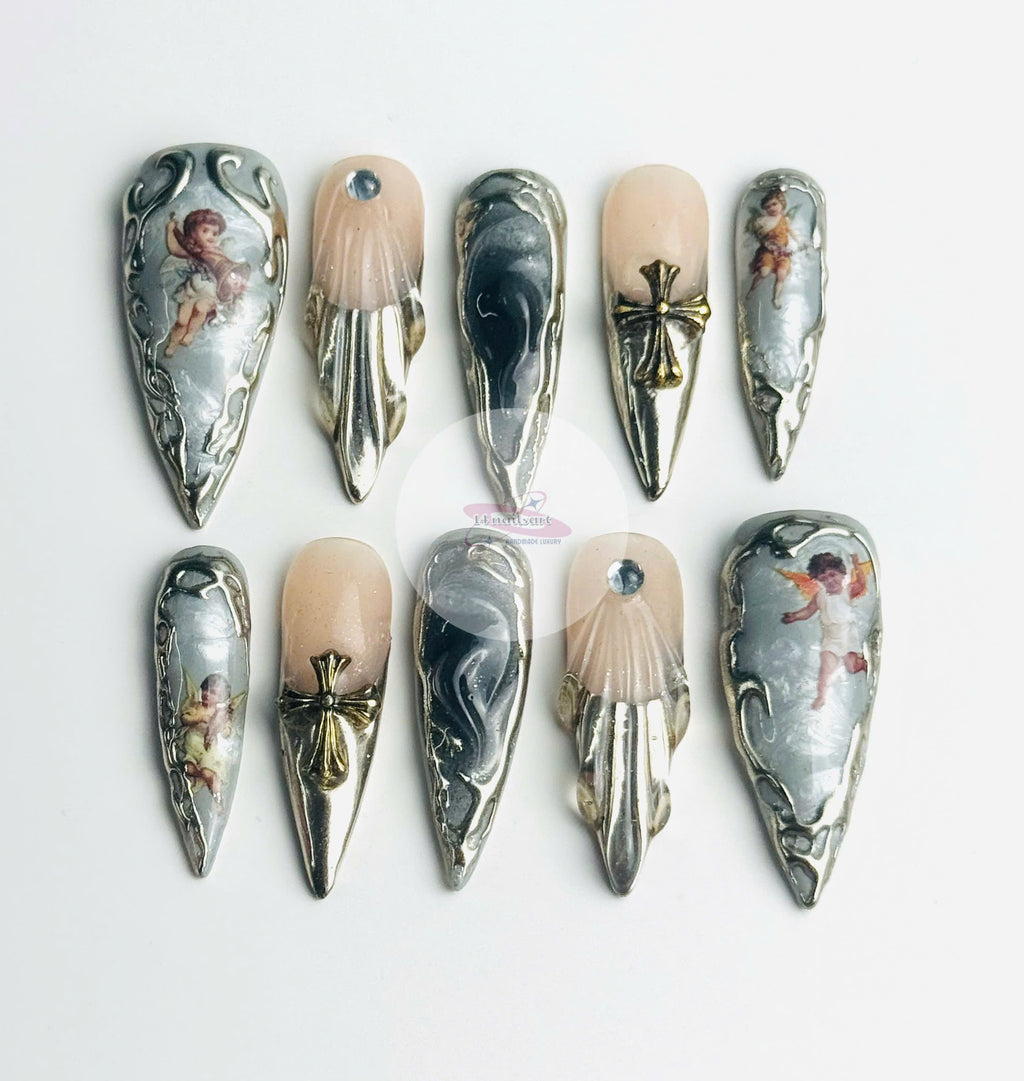 Handmade Vintage Angel Press-On Nails | Silver Chrome Gothic Cross Stiletto Nails | Baroque Luxury Nail Set