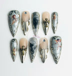 Handmade Vintage Angel Press-On Nails | Silver Chrome Gothic Cross Stiletto Nails | Baroque Luxury Nail Set